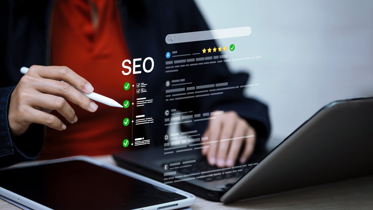 Business professional managing SEO checklist and search engine optimization strategy with website ranking analytics, digital marketing dashboard.